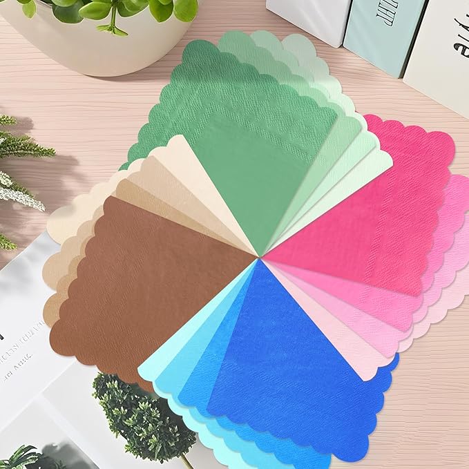120PCS Dusty Blue Cocktail Party Napkins,Gradient Blue Scalloped Beverage Dessert Paper Napkin for Birthday Wedding