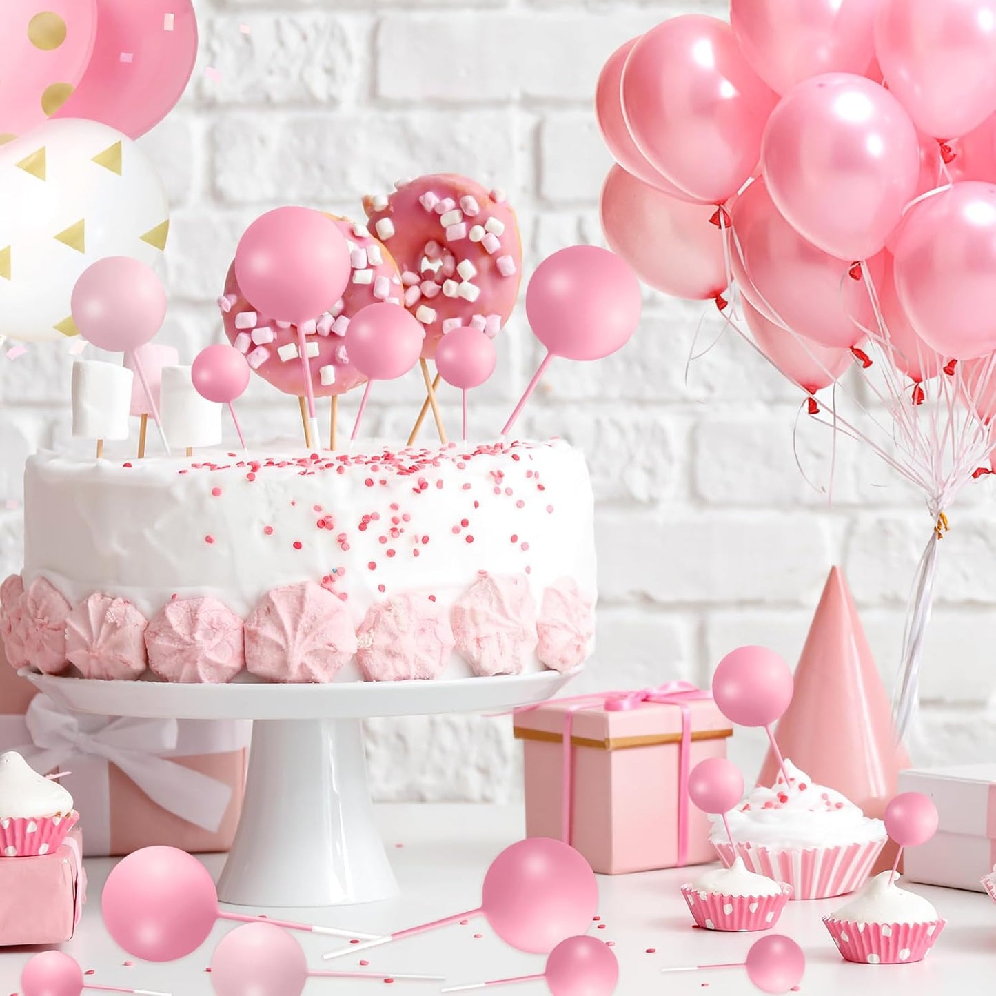 138 Pcs Pink Balls Cake Topper Decorations Balloon Cupcake Toppers Foam Multisize Cake Topper Balls for Birthday Party Wedding Anniversary