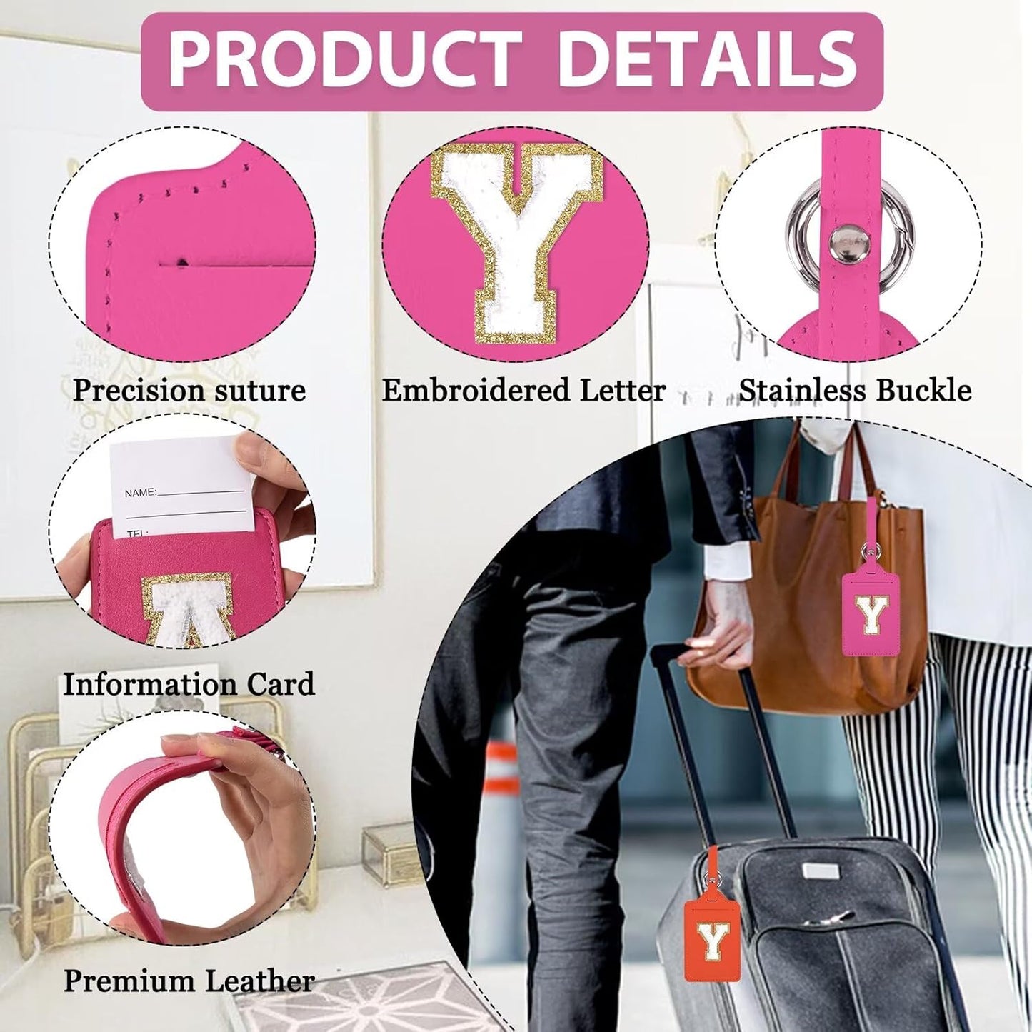 Personalized Initial Luggage Tags for Suitcases, Leather Chenille Letter Cute Luggage Tags with Privacy Name Card, Embroidered Travel Bag Backpack Tags Gifts for Women Kids Girls Teens(Rosered-Y)