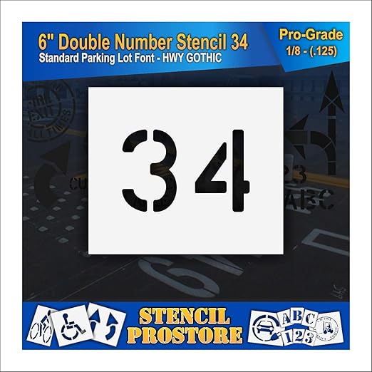 Pavement, Curb, and WheelStop Stencils - 6 inch Double Number Stencil - (34) - 6" x 9" x 1/8" (128 mil) - Pro-Grade