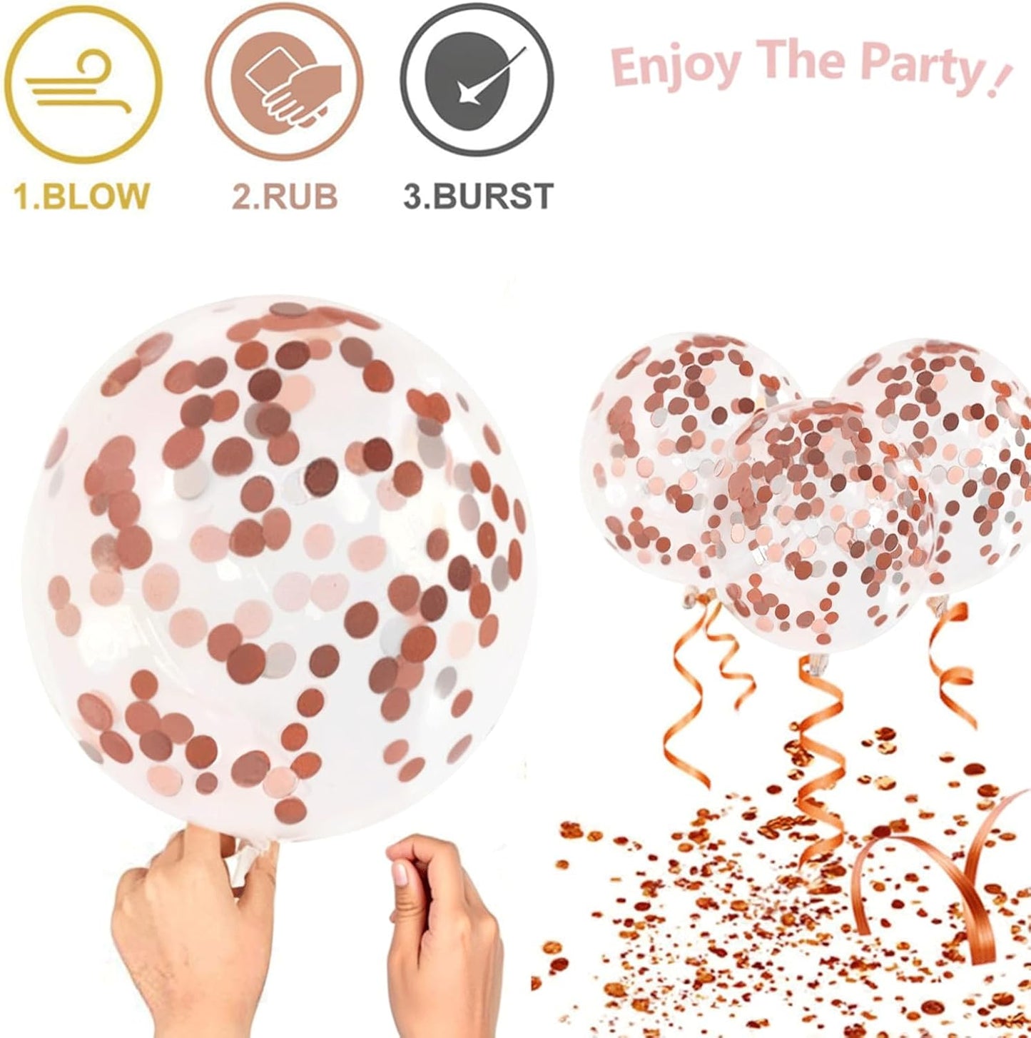 Rose Gold Confetti Balloons, 50pcs 12 Inch Metallic Confetti White and Rose Gold Latex Balloons with 33 Feet String for Birthday Party Wedding Anniversary Gender Revea Decorations