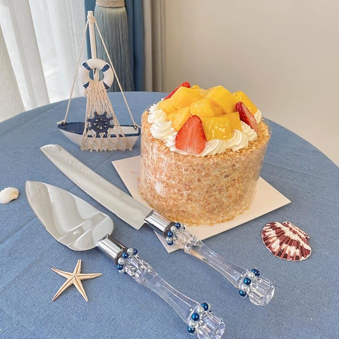 FISHBONE Stainless Steel Wedding Cake Knife and Server Set with Delicated Nautical Blue Rings Design - Perfect Cake Cutting Set for Weddings and Special Occasions