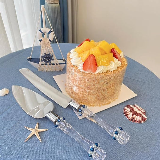 FISHBONE Stainless Steel Wedding Cake Knife and Server Set with Delicated Nautical Blue Rings Design - Perfect Cake Cutting Set for Weddings and Special Occasions