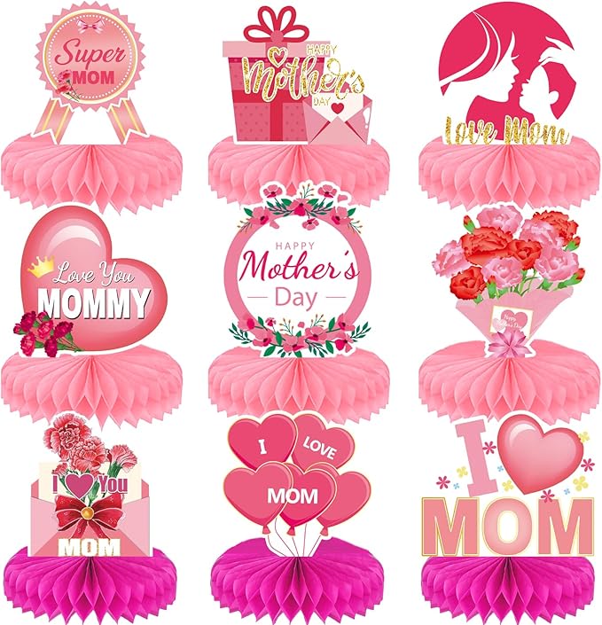 Mothers Day Table Decorations - Happy Mothers Day Centerpieces for Tables, 9Pcs Pink Super Mom Theme Honycomb Centerpieces, 3D Flowers and Heart Table Toppers, for Mother‘s Party Supplies