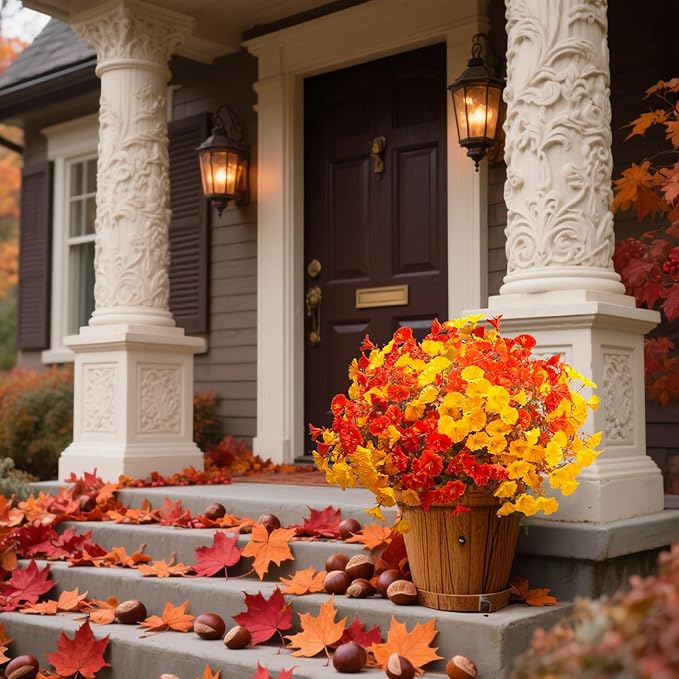 Artificial Flowers Outdoor Fall Decor - 12 Pcs UV Resistant Fade Proof Fake Plants for Garden Porch, Thanksgiving Autumn Decorations, Waterproof for All Weather