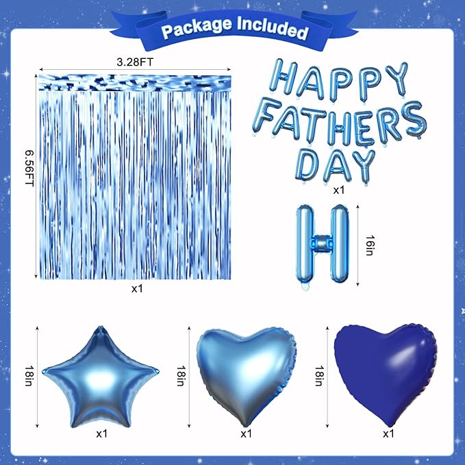 Happy Fathers Day Decorations, Metallic Blue Dark Blue Silver Foil Confetti Balloons Blue Fringe Curtains Banner for Father's Day Party Decorations