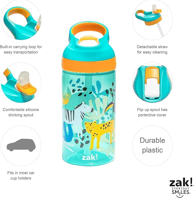 Zak Designs 5-Piece Dinnerware Set, Safari - Durable Plastic & Stainless Steel - Includes Water Bottle, 8-Inch Plate, 6-Inch Bowl, Fork & Spoon - Suitable for Kids Ages 3+