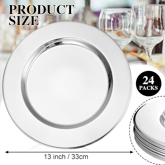 Vesici 24 Pcs Silver Stainless Steel Charger Plates 13 Inch Round Metal Charger Plates Bulk Mirror Elegant Charger Luxury Table Decor for Wedding Dinner Party