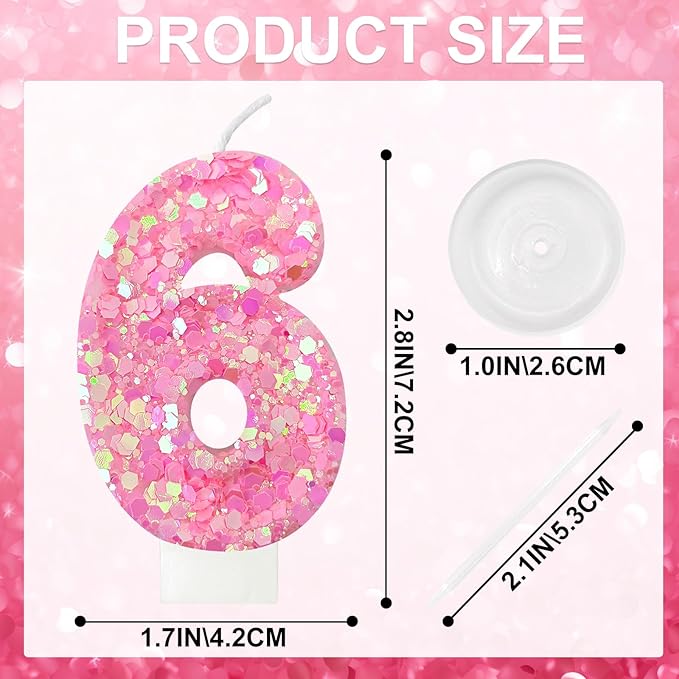 Zailo Birthday Number Candles, Glitter Number Candle Cake Decorations with Sequins, Cupcake Decorations for Girls, Women, Party Anniversary Celebrations (Number 6, Light Pink)