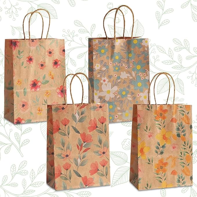 24pcs Floral Pattern Kraft Paper Bag Gift Bags with Handles for Party Favors, Mothers Day, Weddings, Birthday Celebration, Baby Shower,8.26×5.9×3.14inch