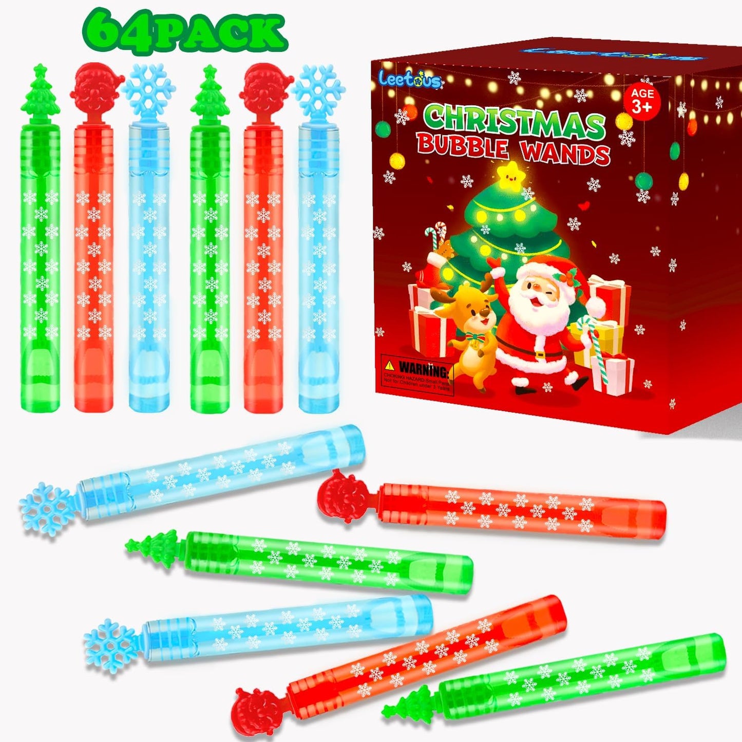 Christmas Small Toys Gifts Bulk for Toddlers 64 Pack, Xmas Mini Bubble Wands Party Favors Supplies for Kids, Goodie Bag Stocking Stuffers Filler Class School Treats Student Prizes for Boys Girls