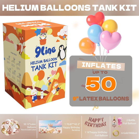 Helium Tank For Balloons At Home，Disposable Helium Tank 13L，50 12-Inch Rose&Gold Latex Balloons, 15 Foil Balloons, 1 5.9X3.6Ft Backdrop, 8 Accessory Tools