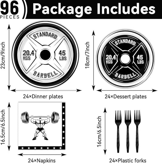 OBUSATT 96 Pcs Gym Birthday Party Supplies Bodybuilder Theme Paper Plates Weightlifting Party Plates and Napkins Forks Barbell Birthday Decorations for Gym Lovers and Weight Lifters Serves 24
