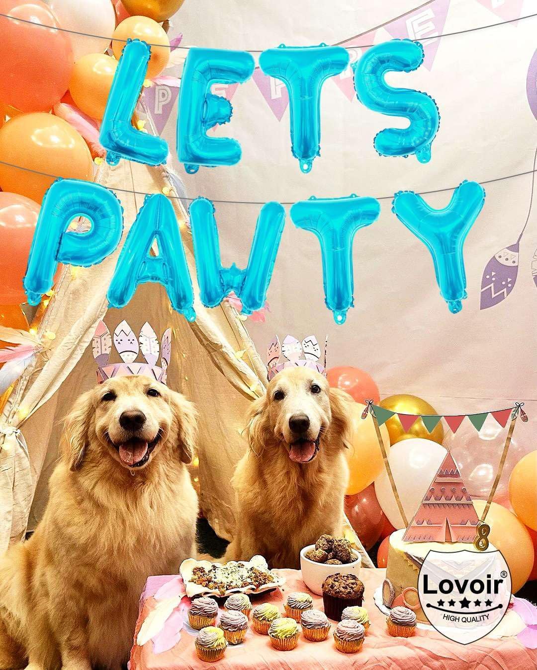 9 Pcs Lets Pawty Balloons Banner 16 Inch, Dog Cat Pet Birthday Letters Sign Lets Pawty Balloons Happy Birthday Banner for Pet Dog Cat Party Supplies Decorations (Pastel Blue)