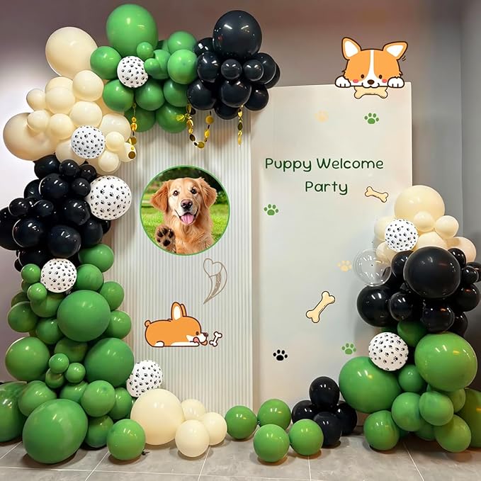 Dog Paw Green Black White Balloon Garland Arch Kit, 167Pcs Latex Balloons Different Sizes 18 12 10 5 inch for Pet Dog Theme Birthday Baby Shower Graduation Wedding Party Decorations