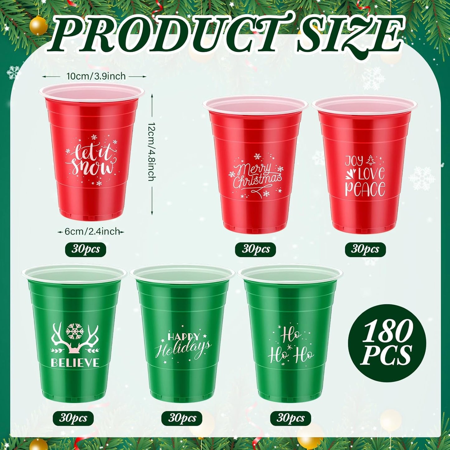 Sliner 180 Pcs 16 oz Christmas Plastic Disposable Cups Bulk Snowflake Elk Star Christmas Tree Drinking Cups for Xmas Birthday Party Supplies (Red,Green)