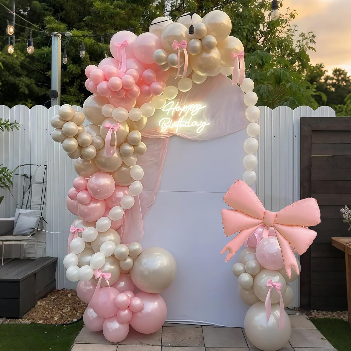 Double Stuffed Pearl White and Pink Balloon Arch Garland Kit, Pearl White Beige with Pink Bow Foil Balloons for Girls Women Wedding Bridal Baby Shower Bachelorette Coquette Birthday Party Decorations