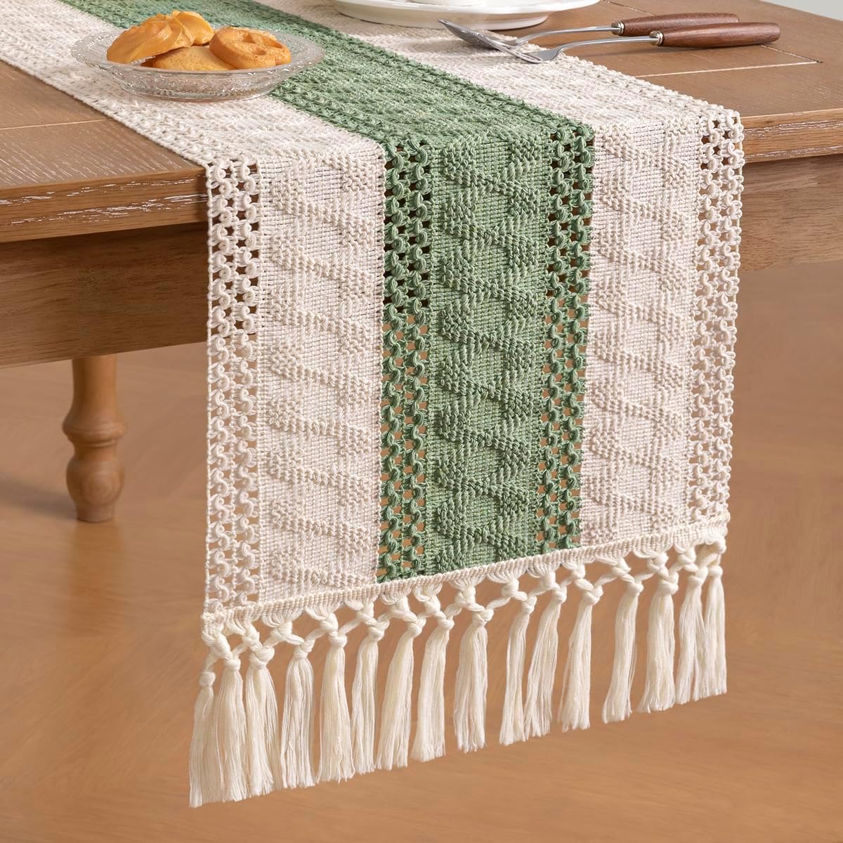 Socomi Sage Green Boho Table Runner Fall Thanksgiving Farmhouse Rustic Dining Kitchen Centerpiece Decor Small Macrame Woven Cotton Linen Coffee Table Runner for Dresser Scarf Home Decor 12x72 inch