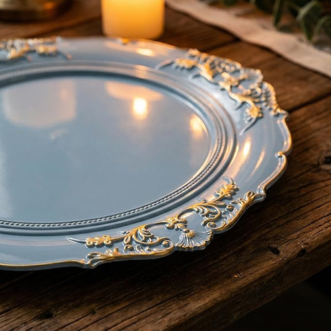 Blue Charger Plates, 13 Inch Embossed Chargers for Dinner Plates. Plastic Charger for Wedding, Party. (Set of 6)