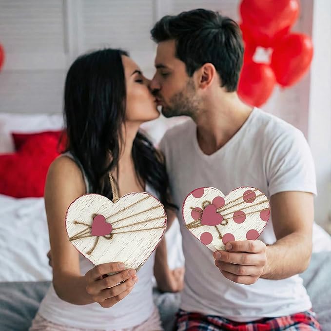 3 Pcs Valentines Day Decor for Table Centerpiece Vintage Wooden Heart Shaped Sign for Tiered Tray Decor with Jute Twine Bows Rustic Farmhouse Boho Valentine Decors for Home Couple Lover Gifts