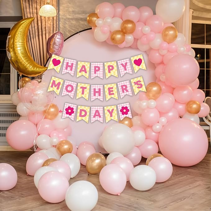 Happy Mother's Day Banner Set Decoration for Mother's Day Party Decorations Backdrop Garland for Mom Mother's Day Glitter Garland Photo Props (Yellow Heart Plaid)