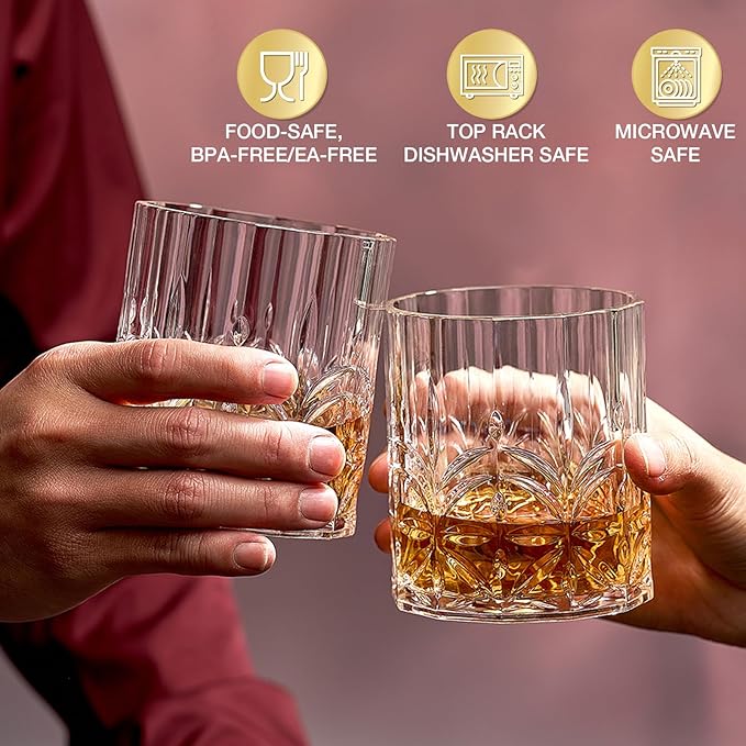 Unbreakable Plastic Whiskey Glasses Set of 6, 14 Oz Old Fashioned Glasses for Scotch Cocktail Rum Bourbon Vodka Liquor, Unique Gifts for Men, Reusable, Clear, BPA-free, Dishwasher Safe