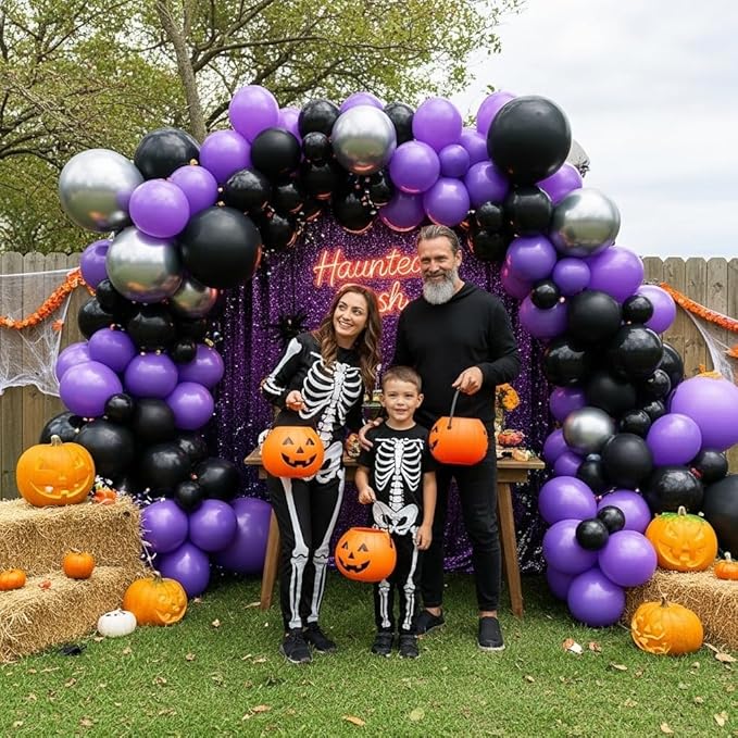 Black and Purple Balloons - 132pcs 18'' 12'' and 5'' Purple Black Balloon Arch Kit with Metallic Silver Balloons for Birthday Party Halloween Graduations Corporate Event and Gaming Night