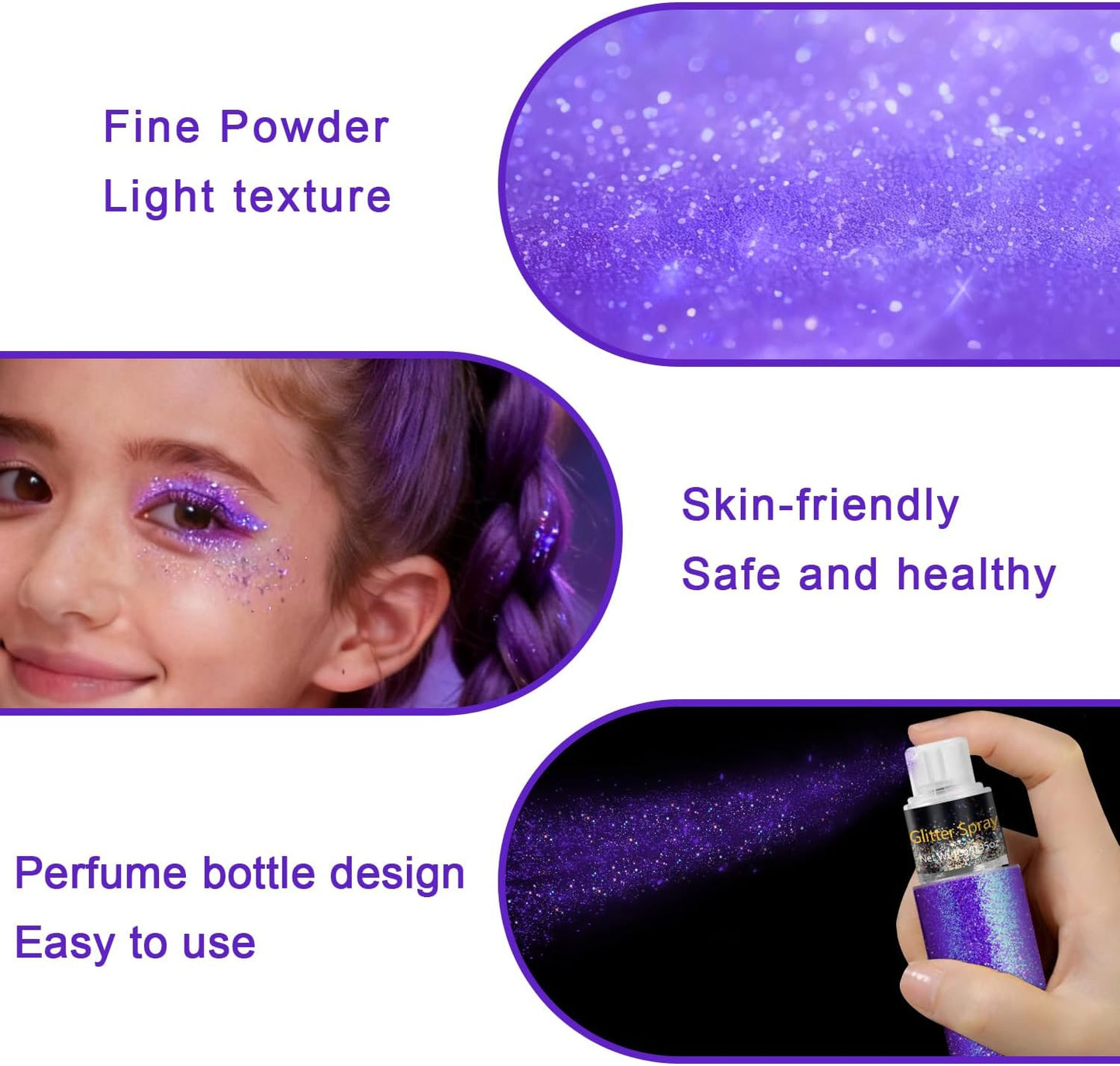 Hair and Body Glitter Spray, Holographic Glitter Highlighter Powder for Rumi Costume Cosplay Makeup, Face Body Clothes Shiny Glitter, Loose Shimmer Hairspray Festival Rave Prom Accessories (Purple)