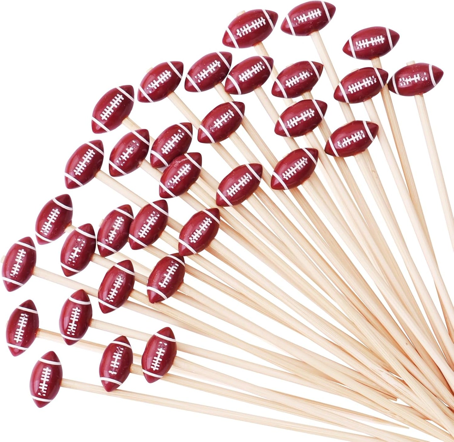 Football Cocktail Picks - 100 Counts Decorative 3D Football-shaped Toothpicks for Super Bowl Football Game, 4.7 inch Long Bamboo Skewers Wooden Sticks for Appetizers, Fancy Party Decorations