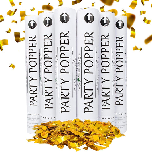 Confetti Cannons 12" – 6 Pack Gold Mylar Confetti Poppers | Party Poppers for Weddings, Birthdays, Graduations & Events | Air-Powered, Safe & Easy to Use | Shoots 25 Feet Indoor & Outdoor