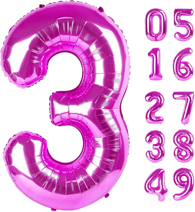 Rosy Purple 3 Balloon, Number Balloons 40 Inch, 3rd Birthday Decorations for Kids Girls Women Party Supplies for Party Decorations, Number 3 Balloon