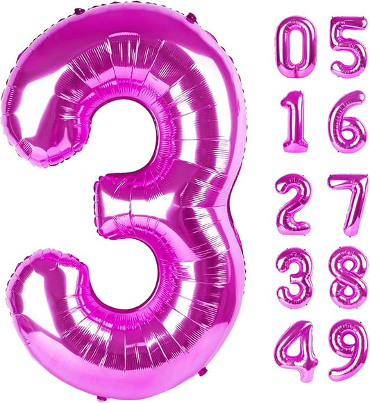 Rosy Purple 3 Balloon, Number Balloons 40 Inch, 3rd Birthday Decorations for Kids Girls Women Party Supplies for Party Decorations, Number 3 Balloon