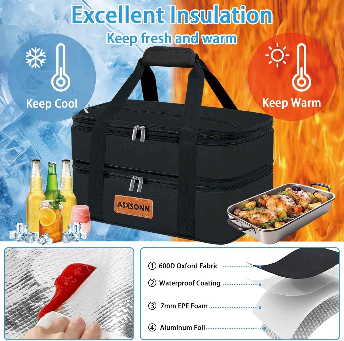 Double Decker Insulated Casserole Carrier for Hot or Cold Food, Expandable Insulated Food Carrier for Parties, Picnic, Beach, Fits 9"x13" Baking Dish (Black)