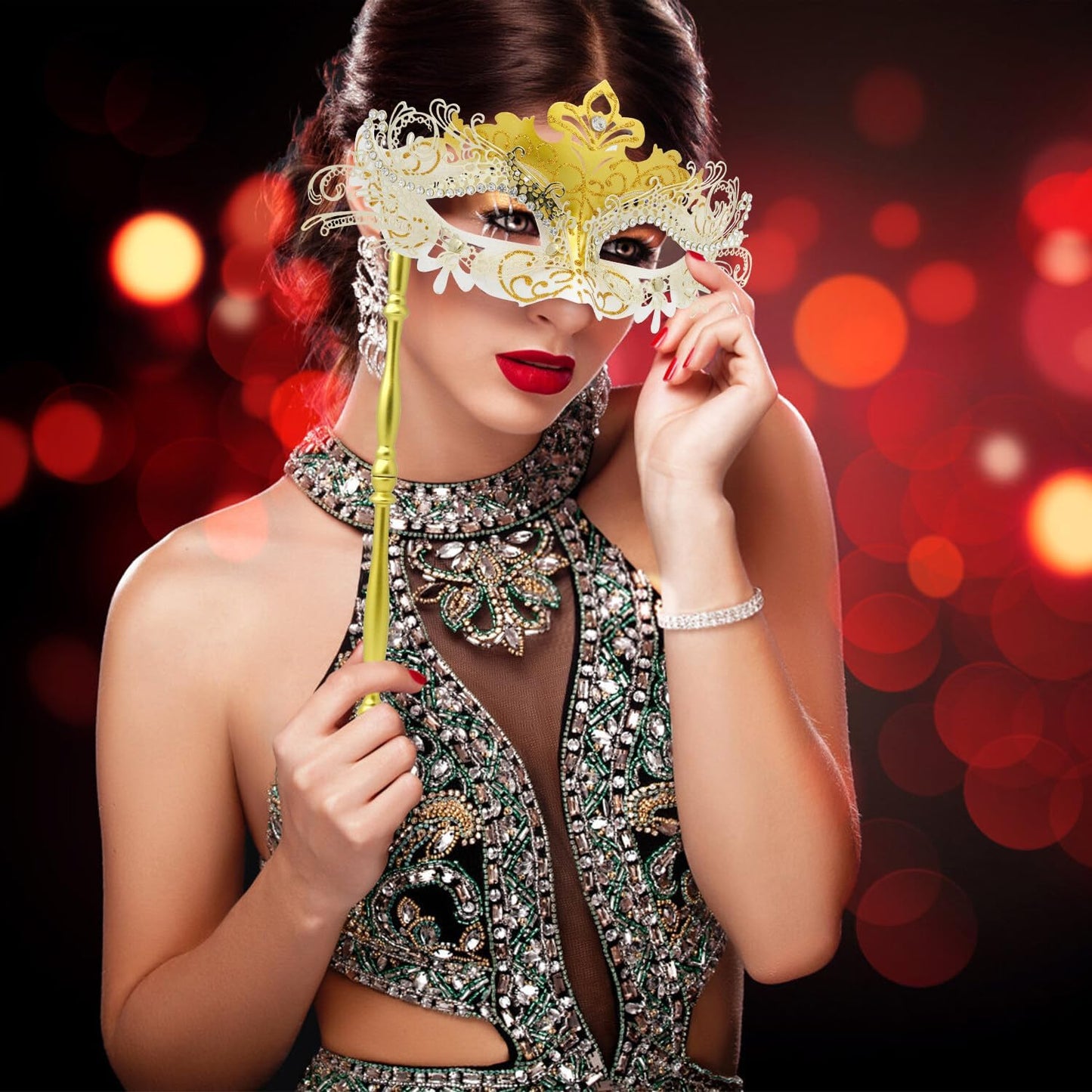 Coddsmz Masquerade Mask with Stick Venetian Mask Mardi Gras Decorations for Womens Halloween Costume Mask