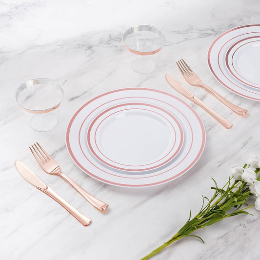 Goodluck 600 Pieces Rose Gold Disposable Plates for 100 Guests, Plastic Plates for Party, Wedding, Dinnerware Set of 100 Dinner Plate, 100 Salad Plates, 100 Spoons, 100 Forks, 100 Knives, 100 Cups