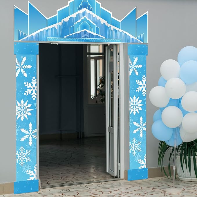 Winter Party Door Banner Classroom Door Cover Snow Wonderland Porch Decor Winter Birthday Decorations Photography Backdrop for Holiday Christmas Snowflake Party(Castle)