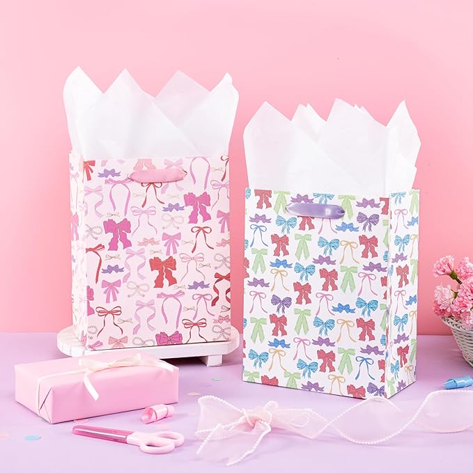 Loveinside Medium Size Gift Bags, Colorful Bow Pattern Gift Bag with Tissue Paper for Shopping, Parties, Wedding, Baby Shower, Craft-4 Pack, 7" X 4" X 9"