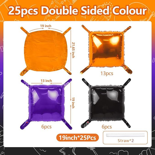 NISOCY 25PCS Orange Purple Black Square Foil Balloons Wall Backdrop Metallic Double Sided Orange Purple Black Balloons Tunnel Arch Kit for Halloween Birthday Graduation New Year Party Decorations