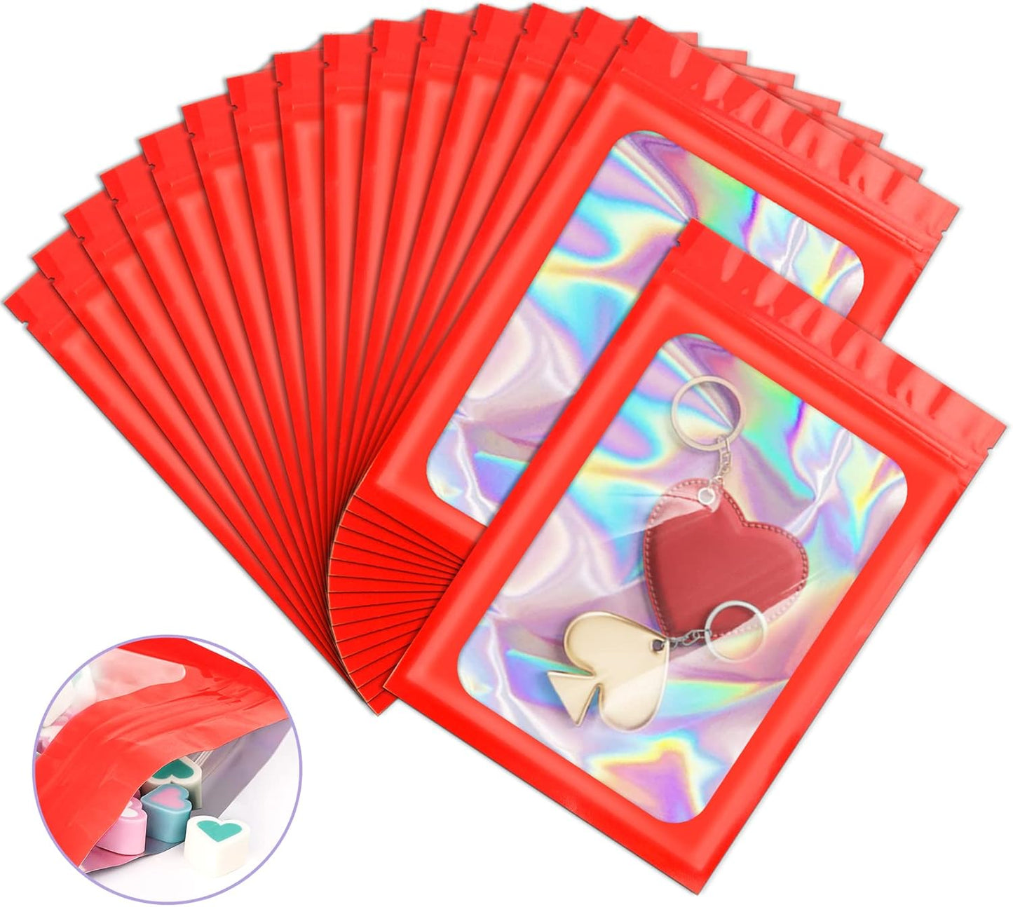 100 Pieces Smell Proof Mylar Bags, Holographic Packaging Bags, Resealable Odor Foil Pouch Zipper Bag with Clear Window for Food Storage and Lipgloss, Jewelry Lash (Red, 3 x 4.7 Inch)