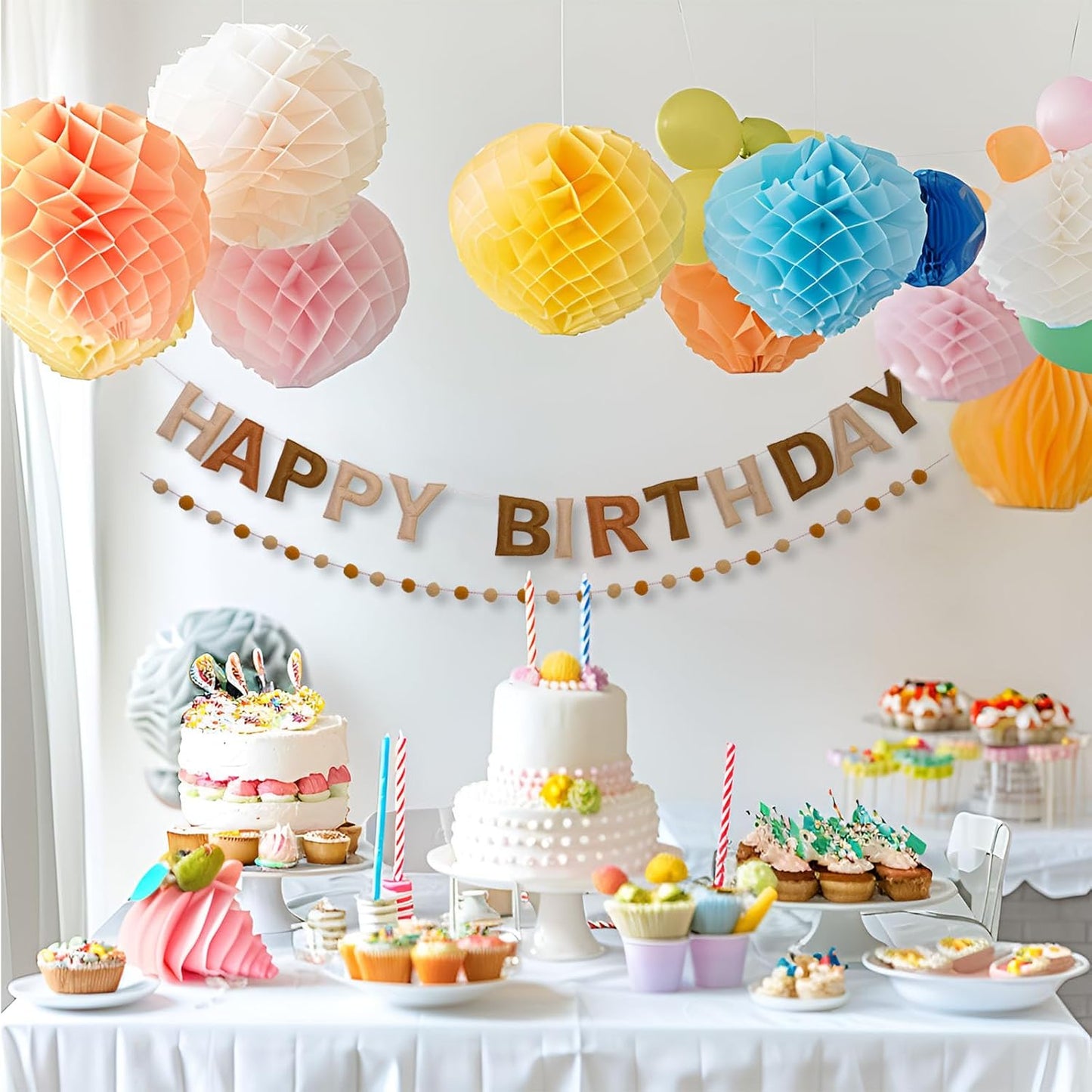 Brown Happy Birthday Banner Felt Ball Garland Pre-Strung Happy Birthday Sign for Party Backdrop Decorations Photo Prop