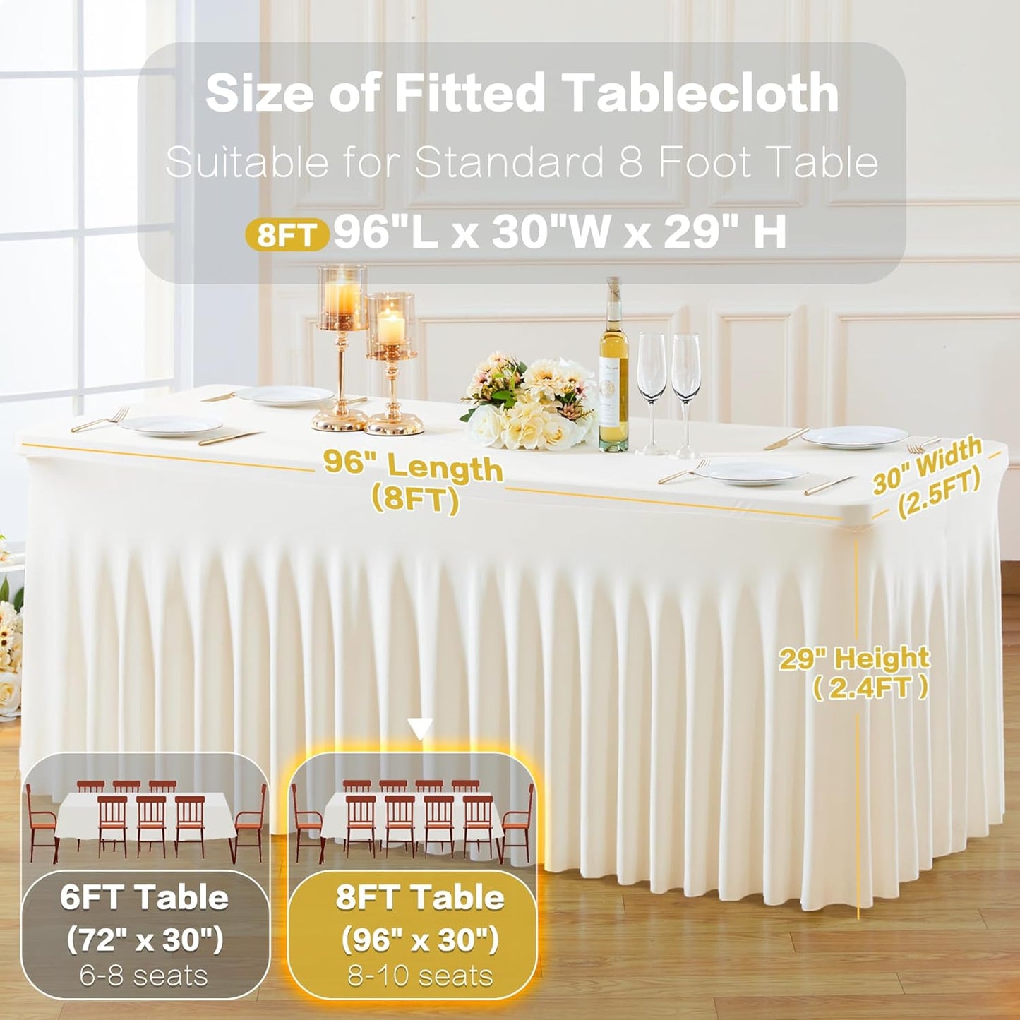 Gogoparti 6 Pack Ivory Spandex Fitted Table Cloth for 8ft Rectangle Tables - Ivory Stretch Tablecloth - Wrinkle Free, Stain Resistant