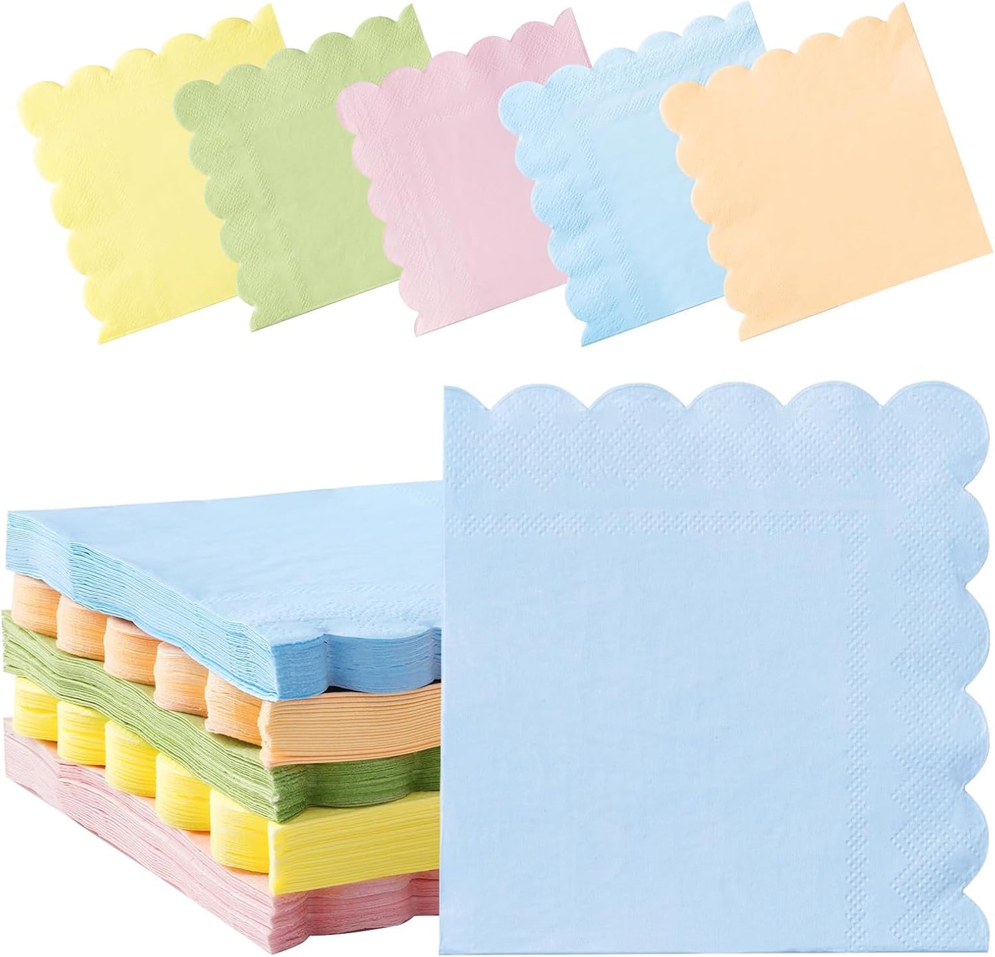 100 Pastel Rainbow Scalloped Cocktail Napkins, 3 Ply 5 x 5 Inch Beverage Napkins Paper Napkins Disposable Luncheon Napkins for Wedding Birthday Party Bridal Anniversary Baby Shower