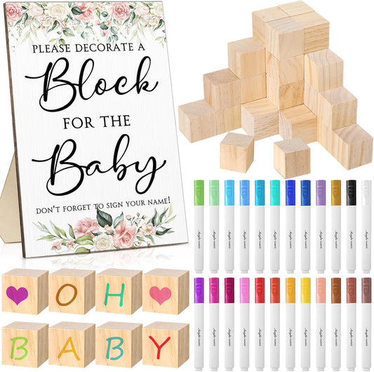 Tatuo 75 Pcs Baby Shower Games Sign Kit Including Decorate a Block Game Sign 50 DIY Wooden Block 24 Acrylic Paint Marker Baby Shower Prize for Gender Reveal Party(Floral)