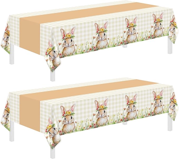 Childom 2 Pack Easter Tablecloth,Easter Decorations 54" x 108" Disposable Plastic Tablecloth,Bunny Table Cloth Checkered Decorations,Plastic Table Cover for Party Supplies,Indoor,Outside,Home,Dinner