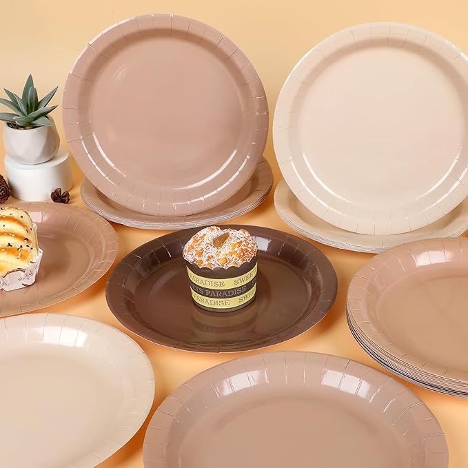 Wiooffen 50Pcs Brown Paper Plates 9 Inch Gradient Color Disposable Round Dessert Plates Brown Party Tableware Solid Tan Paper Plate Winter Table Decors for Birthday Gatherings Outdoor Party