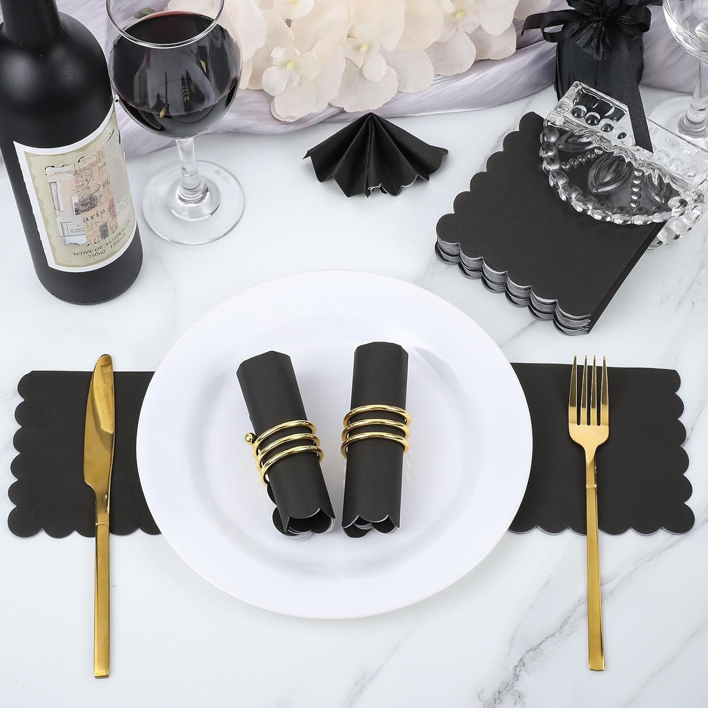 120 Pcs Cocktail Napkins Black Napkins Disposable Scalloped Bar Napkin Beverage Dessert Napkin for Birthday, Coffee, Bar, Kitchen, 5 x 5 Inch