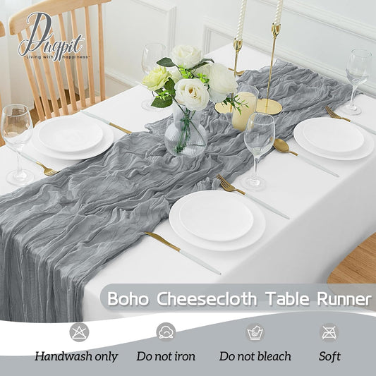 4Pack Grey Table Runner 10FT Cheesecloth Table Runner 35x120Inch Long Boho Cheese Cloth Table Runners Rustic Gauze Table Runners for Party Wedding Bridal Shower Baby Shower Decorationsor