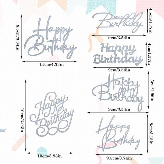 6 Silver Happy Birthday Cake Topper Set: Acrylic Cake Signs, Side Mirror Inserts & Cupcake Accents for Dessert Party Decor