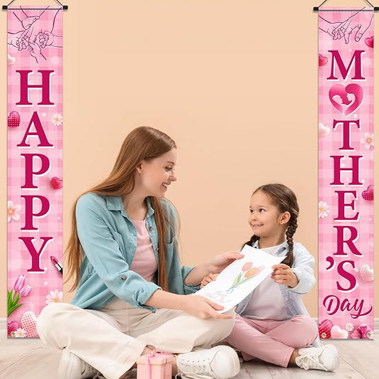 Happy Mother's Day Porch Banner Decorations,Mothers Day Porch Sign Pink Heart Flowers Mother's Day Indoor Outdoor Hanging Banner for Best Mom Ever,Mothers Day Birthday Party Decor
