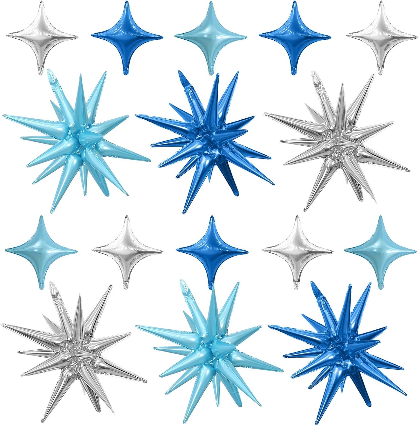 Blue Silver Star Balloons Kit with 6pcs 22in Cone Foil Balloons and 10pcs 10in Four Pointed Star Balloons for Birthday Anniversary Disco Party Decorations